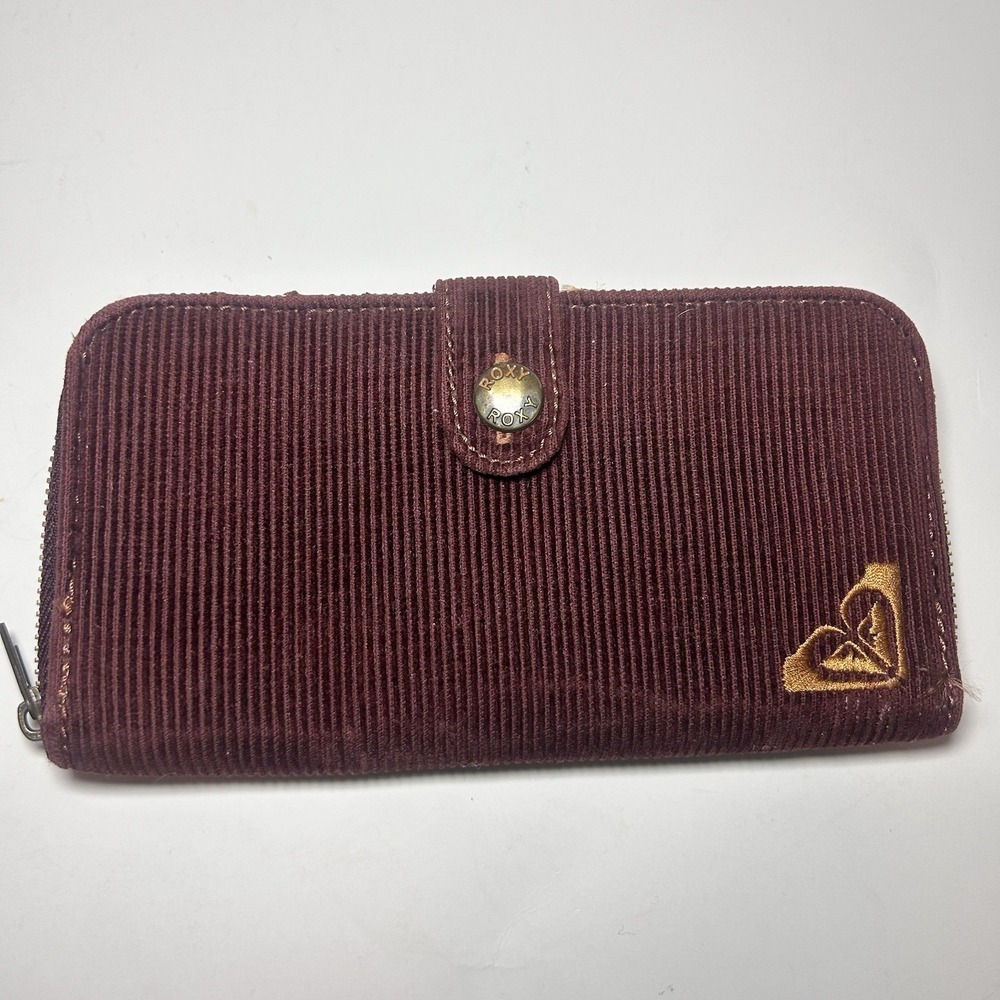 Vintage Roxy Corduroy Zip Around Wallet Maroon Burgundy Gold Logo Surfer Girl